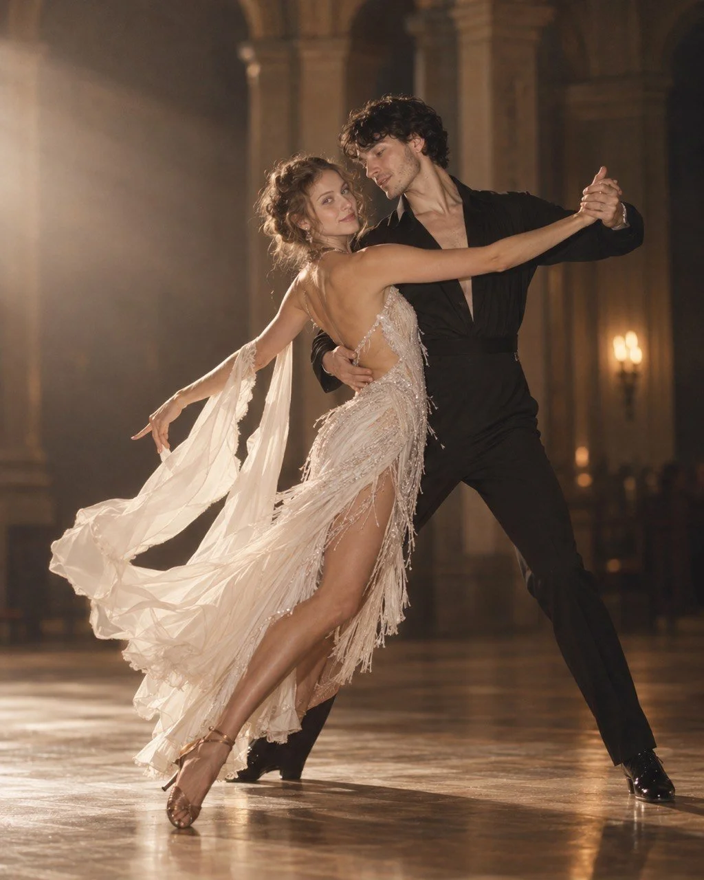 A ballroom couple performing together